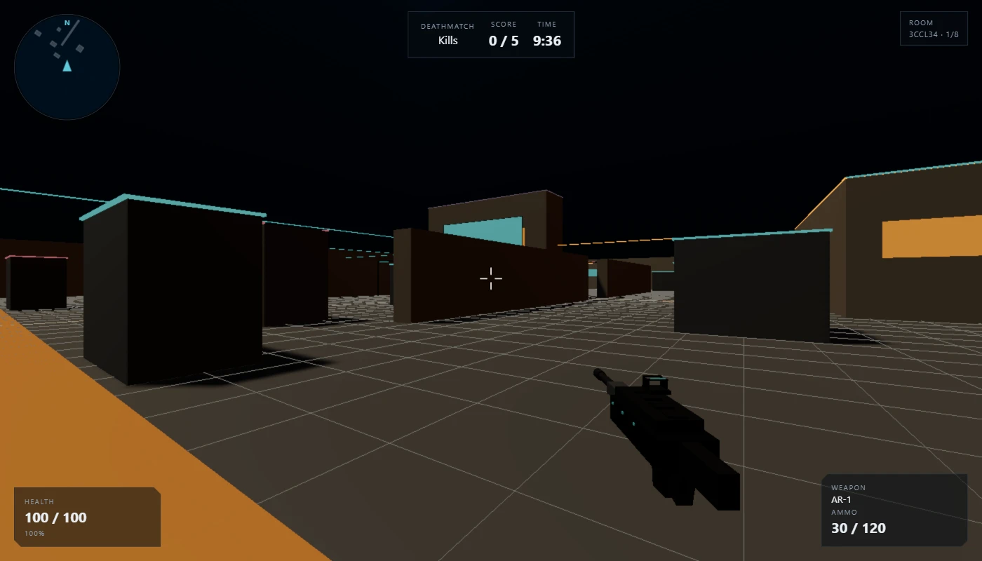 First-person CyberRunner match with the AR-1 visible in Shoot House Neon.