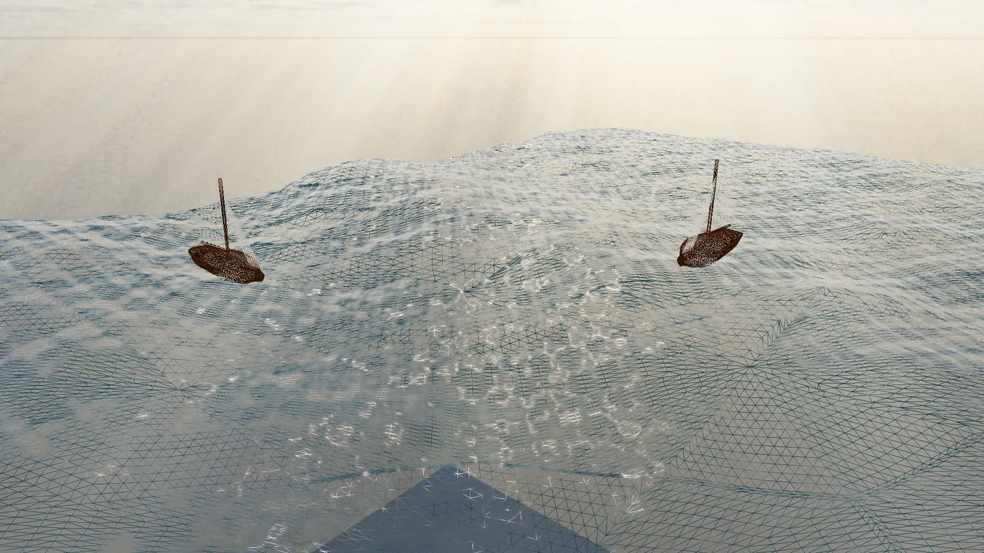 Adaptive wireframe view of the tessellated ocean.