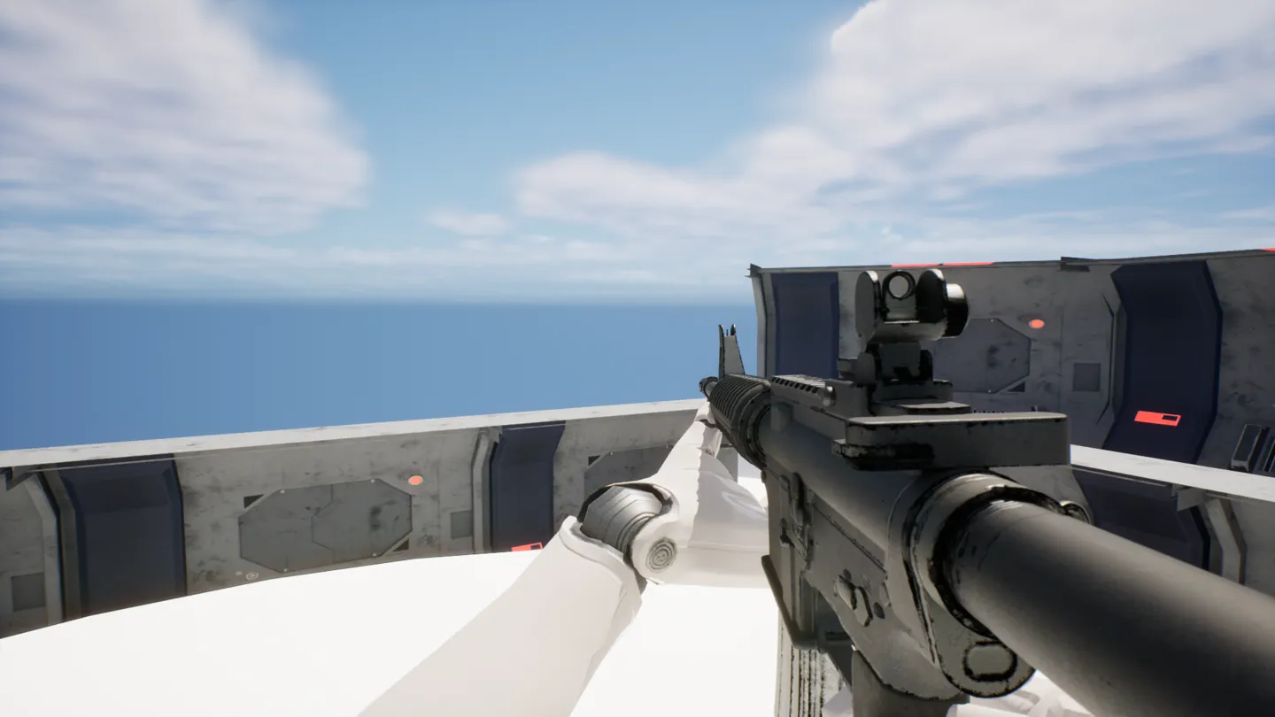 First-person view from the UE5 parkour FPS, rifle out on a skybox platform.